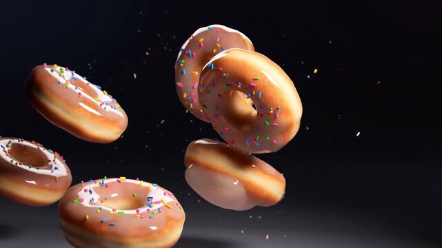 Slow motion tracking shot of glazed donuts spinning and floating with colorful sprinkles in dark studio setting