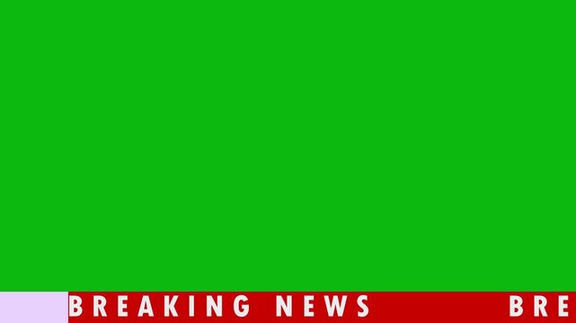 Breaking news banner with rolling text animation on green screen background for video editing overlays.