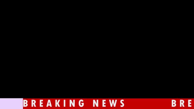 Breaking news ticker animation with red banner scrolling across bottom of black screen background for broadcast.