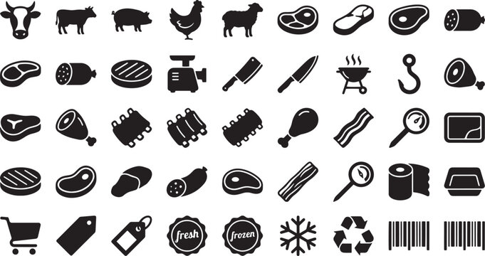 Comprehensive collection of black silhouette icons representing various types of meat, butchery tools, and related food products and shopping elements.