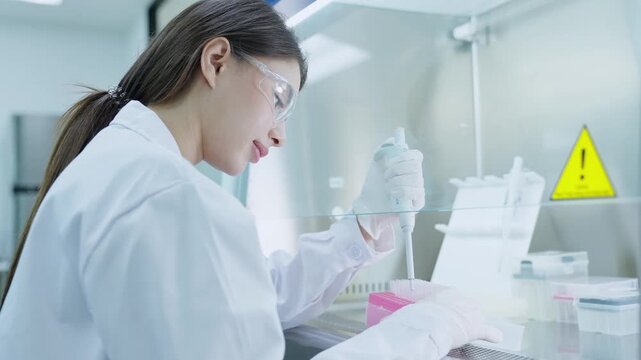 A scientist looks through a microscope to analyze samples in a laboratory. The walls are bright and the equipment is new. The focus is on research and findings.
