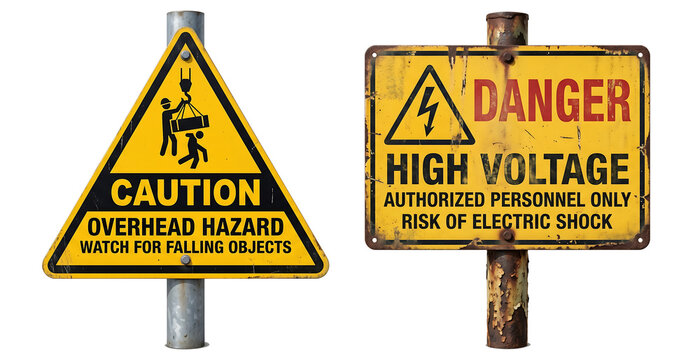 Two weathered yellow warning signs, one for overhead hazard and falling objects, the other for high voltage and electric shock.