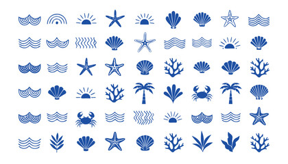 Collection of blue marine icons and symbols on white background © Sadhin07
