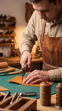Caucasian male artisan in a leather apron using a hole punch tool on tan leather in a workshop. Manual labor, creation process and professional skill.
