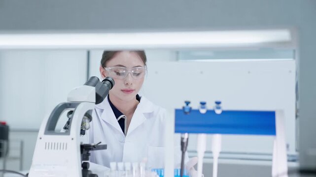 A scientist looks through a microscope to analyze samples in a laboratory. The walls are bright and the equipment is new. The focus is on research and findings.