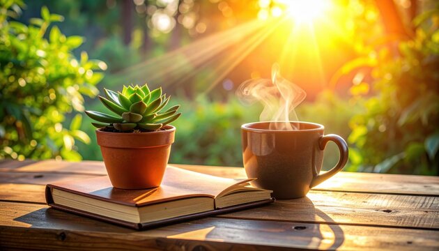 Warm morning sunlight streams onto a steaming cup of coffee and a potted plant beside an open book on a rustic wooden table, inviting peaceful reflection.