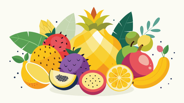 Healthy fruit composition with tropical fruits and berries, flat design illustration
