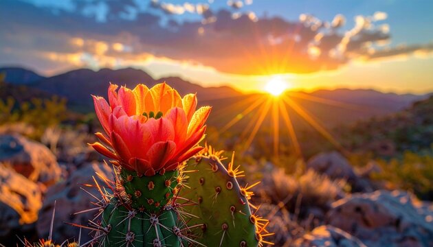 Blooming Cactus Flower During a Vibrant Desert Sunset