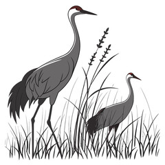 Fototapeta premium Two grey cranes standing in tall grass detailed line drawing on a white background