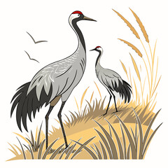 Fototapeta premium Two cranes standing in tall grass stylized vector illustration with a white background