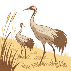 Fototapeta premium Two sandhill cranes standing in tall grass stylized vector illustration with a white background