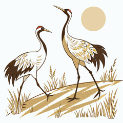 Fototapeta premium Two cranes standing in tall grass vintage style illustration with a golden sun background