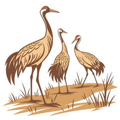 Fototapeta premium Three sandhill cranes standing in grassy field stylized vector illustration in earth tones
