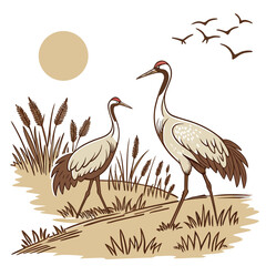 Fototapeta premium two sandhill cranes standing in a grassy field with a sun and flying birds illustration