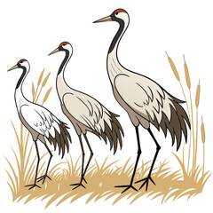 Fototapeta premium Three cranes standing in tall grass vector illustration with a white background