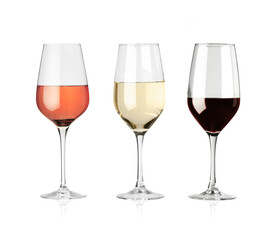 Obraz premium Rose, red and white wine in glasses on transparent background