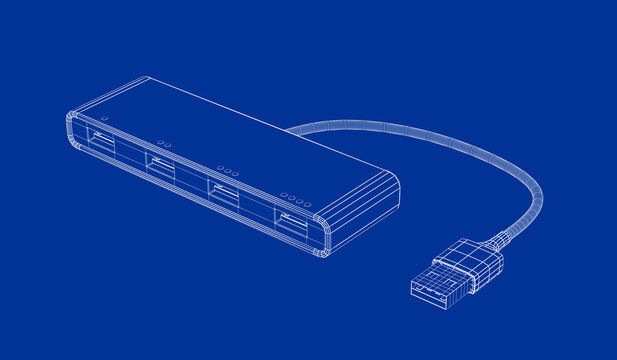 3D wire-frame model of USB hub with four ports
