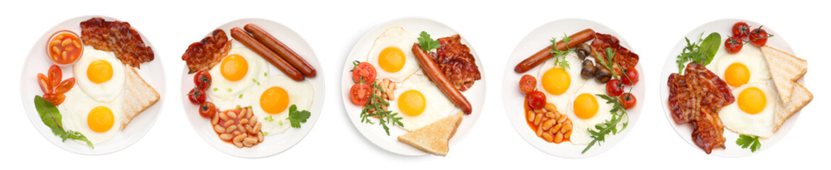 Obraz premium English breakfast. Delicious sunny side up eggs with bacon, red beans and sausages isolated on white, set