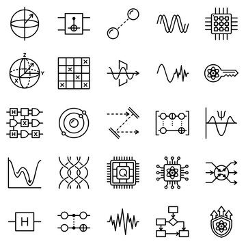 Quantum Computing Icons Set, Black White Line Art, Minimalist Qubit Symbols Vector