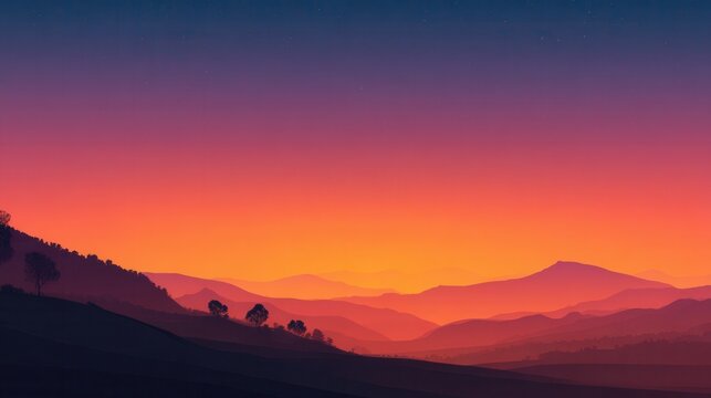 Silhouetted hills rise beneath a blazing twilight sky