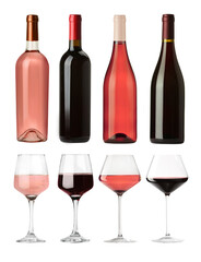 Obraz premium Red and rose wine in bottles and glasses on transparent background