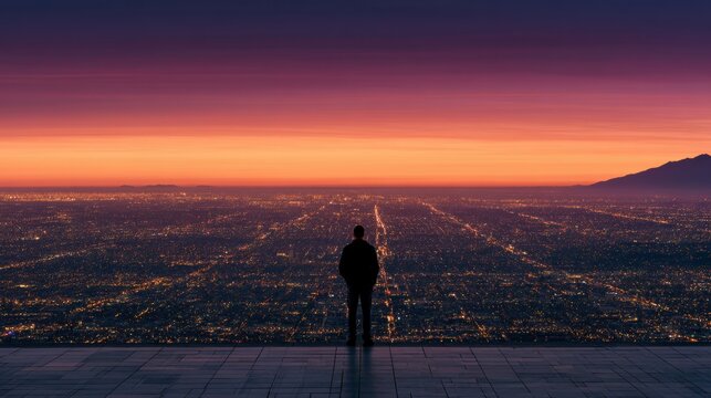 A person stands at the edge of a rooftop terrace, looking out over the city skyline during twilight, feeling the vastness of the urban area below.
