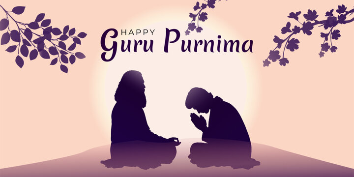 Happy Guru Purnima Spiritual Greeting Card with Meditating Guru and Respectful Disciple Silhouette, Indian Festival Background Illustration