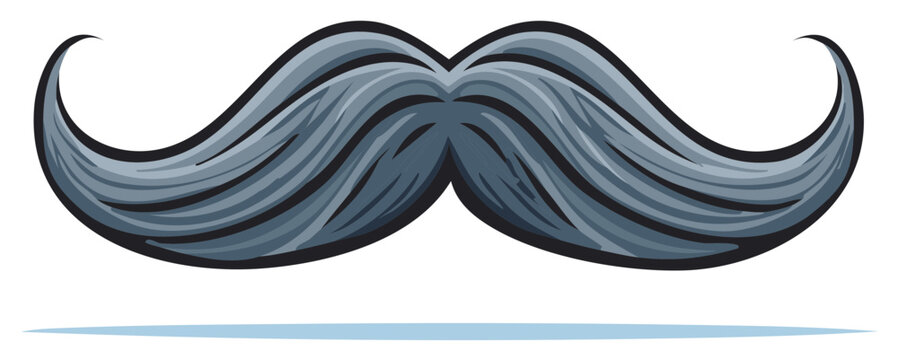 Stylized cartoon handlebar moustache icon, grey facial hair vector illustration, detailed whiskers design and isolated