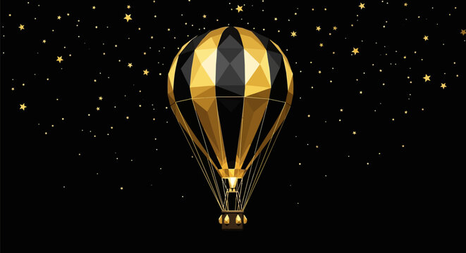 Golden Hot Air Balloon Flying in Starry Night Sky
