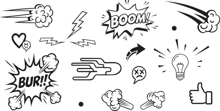 A set of black and white comic book style illustrations and graphics on a white background victor illustration