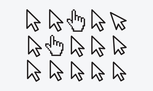 Mouse click cursor line art icon set. Cursor set in hand and arrow forms.