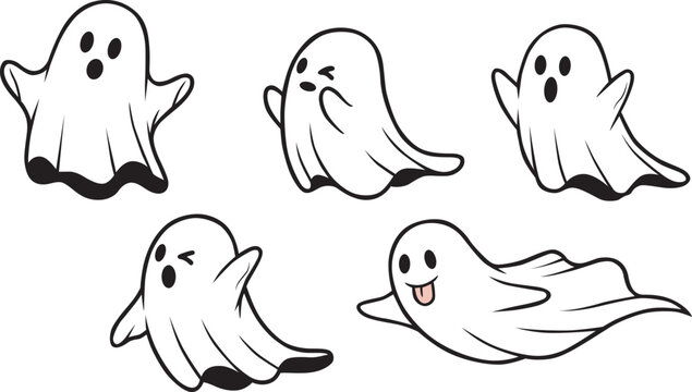 A set of five cute cartoon ghosts with different facial expressions isolated on white background victor illustration