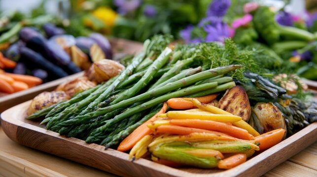 Wooden platter filled with a variety of fresh vegetables. on the left side of the platter, there are roasted vegetables such as asparagus, carrots, and potatoes.