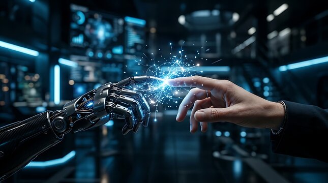 Robot hand touching human hand, futuristic technology, innovation concept, artificial intelligence