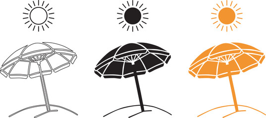 Obraz premium Colorful illustration of three beach umbrellas and sun symbols in various colors victor illustration