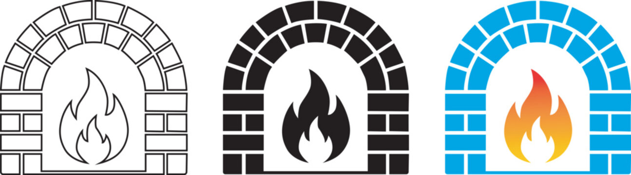 Set of three fireplace archway icons in different colors and styles victor illustration