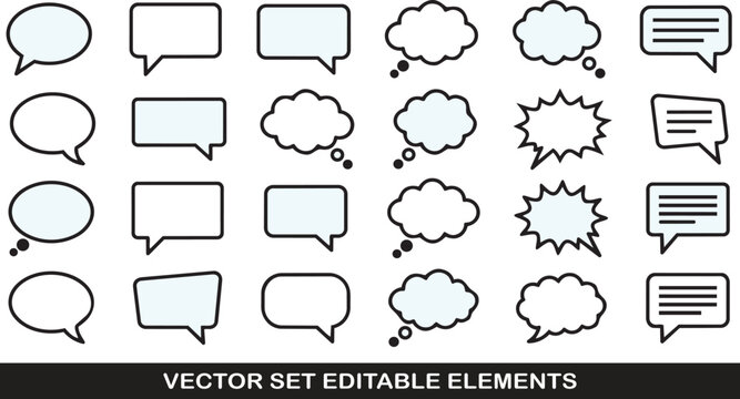 Set of hand drawn speech bubbles and thought balloons for comic design and conversation in a simple black outline style
