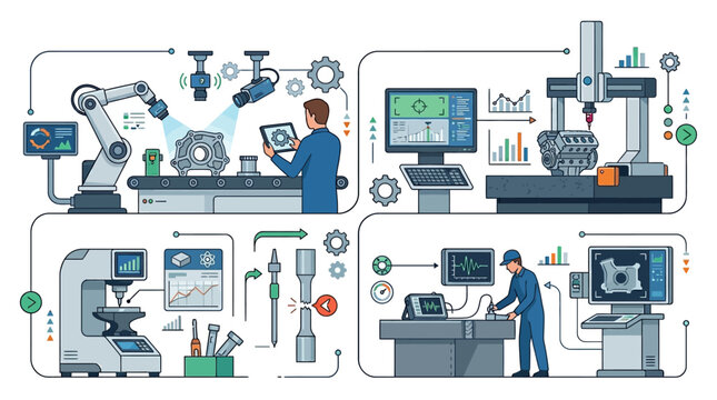 Illustration of industrial metrology lab with technicians using precision measurement tools and equipment for quality control and calibration, showcasing scientific metrology concepts and