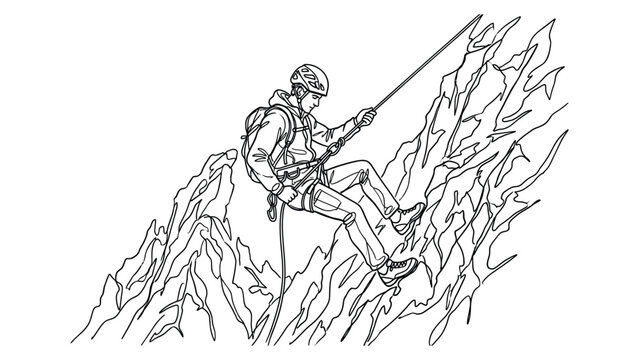 continuous line art man climbing a mountain with rope.