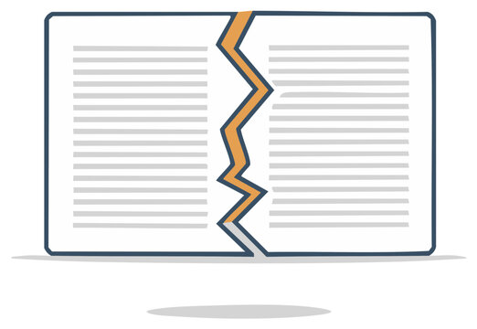 Illustration of a broken book with pages split apart, symbolizing division and conflict.
