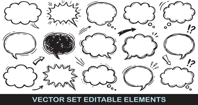 Set of hand drawn speech bubbles and thought clouds for comics and design with arrows and exclamation marks