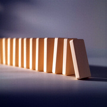 Domino effect concept with wooden blocks lined up and one falling forward in sequence
