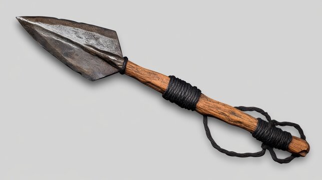 Close-up of an ancient-style spearhead attached to a wooden shaft with dark twine.