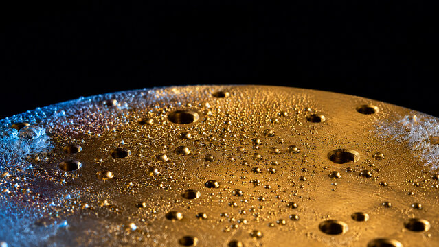 Condensation droplets and frost forming on cooled golden quantum hardware plate near absolute zero temperature