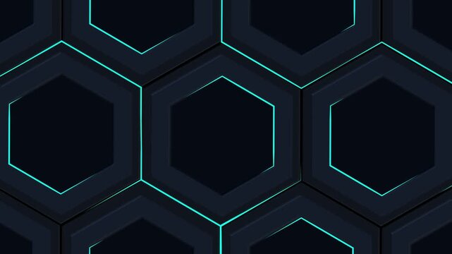 Dark hexagonal pattern with layered geometric tiles and thin neon outlines background animation