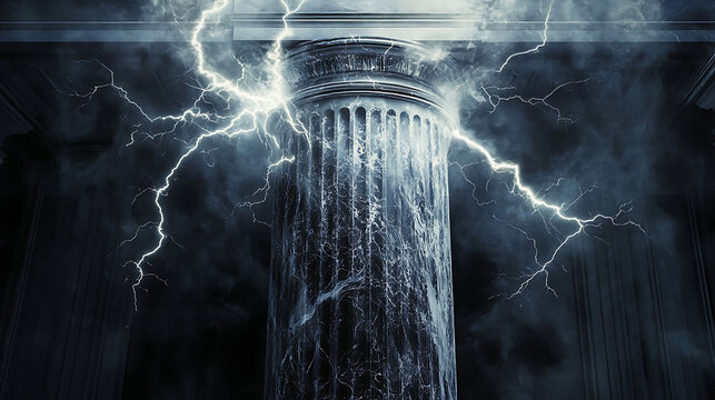 Bright lightning impact on a marble column, fine cracks forming along the surface as energy pulses outward 