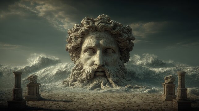 Greek mythology sea god Poseidon. Fantasy. A dramatic portrayal of a colossal statue of a bearded man with curly hair, set against a turbulent sea.
