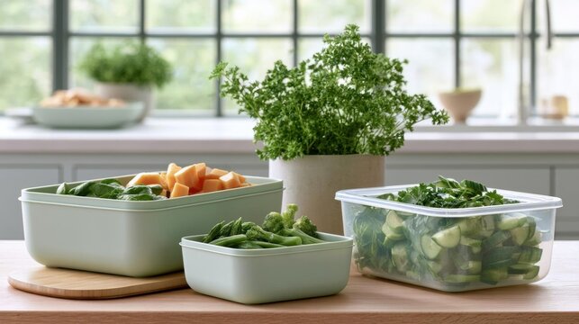 Three rectangular plastic containers on a kitchen countertop. the containers are filled with different types of vegetables, including carrots, broccoli, and cucumbers.