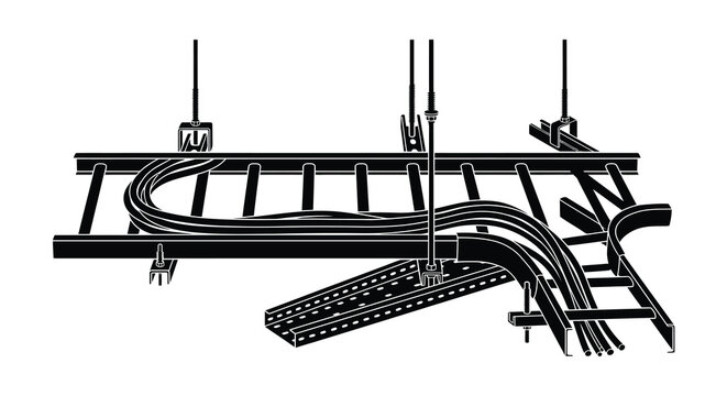 Silhouette of industrial pipe system with suspended infrastructure and structural elements