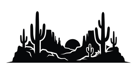 Desert landscape silhouette with cacti and sunset © Yasin24